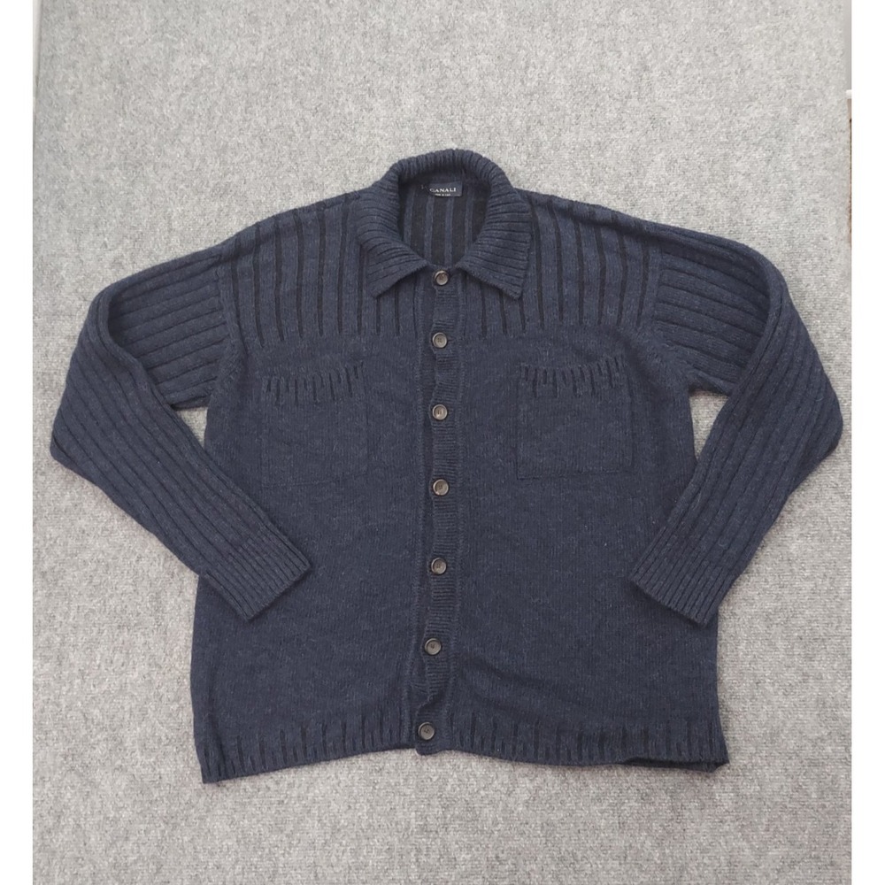 Canali Sweater Mens XL Blue Button Up Cardigan 100% Wool Collared Italy Made - Picture 5 of 10